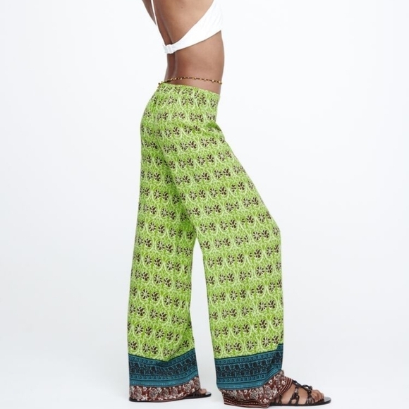 New Zara Full Length Printed High Waist Wide Leg Boho Green Pants NWT - Picture 6 of 13